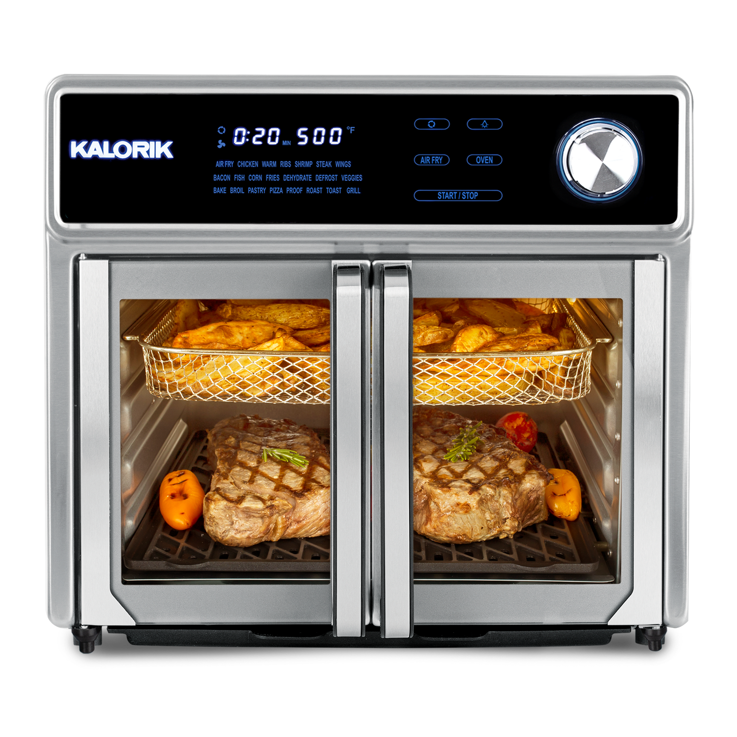 Stainless digital air fryer oven with two open baskets and visible cooking food